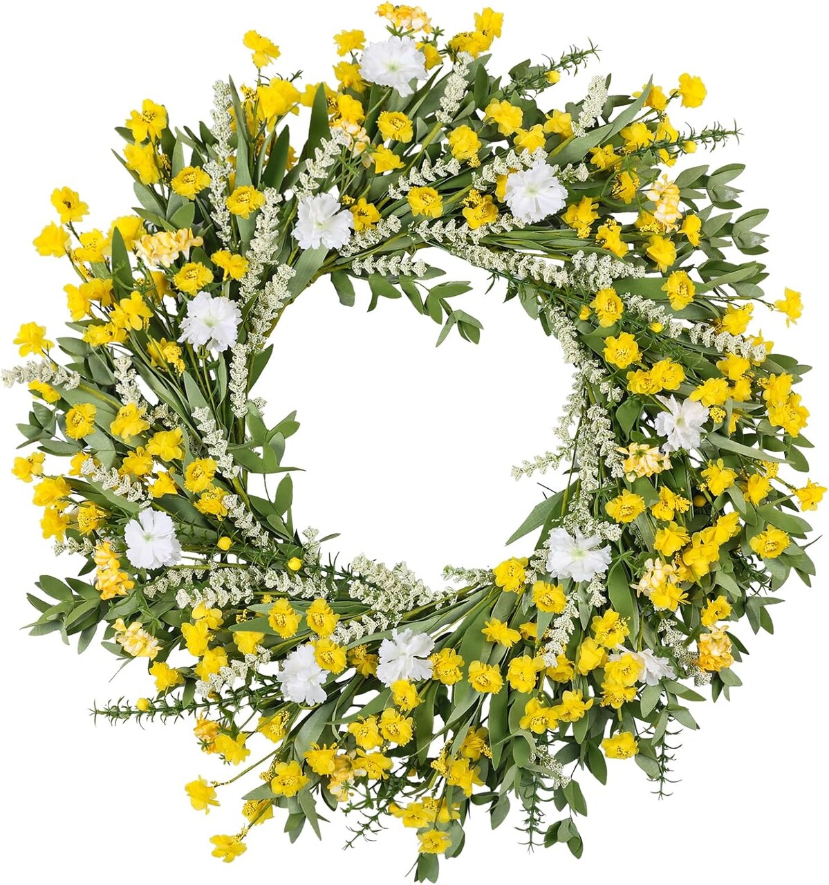 26" Summer Wreaths for Front Door Artificial Floral Wreath with Wildflowers Portulaca Summer Easter Decorations for Indoor Outdoor Window Wall Farmhouse Porch Home Decor Yellow and White